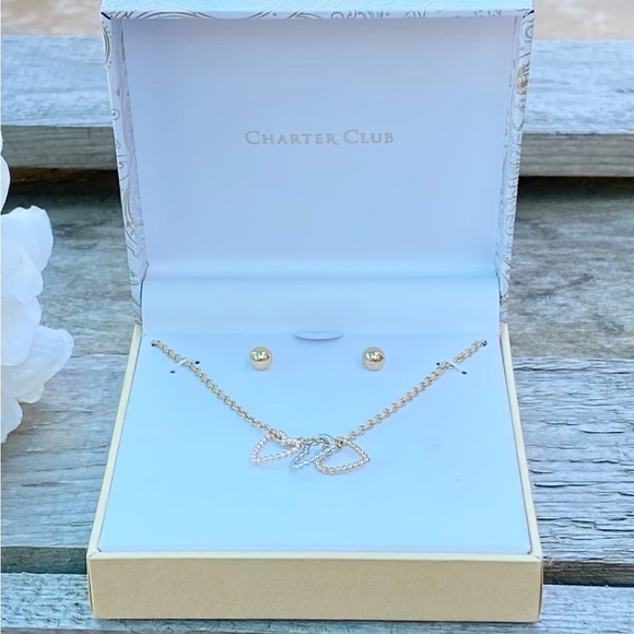 NWT CHARTER CLUB GOLD TONE STUD EARRINGS & TRI-TONE HEART NECKLACE - Picture 3 of 11